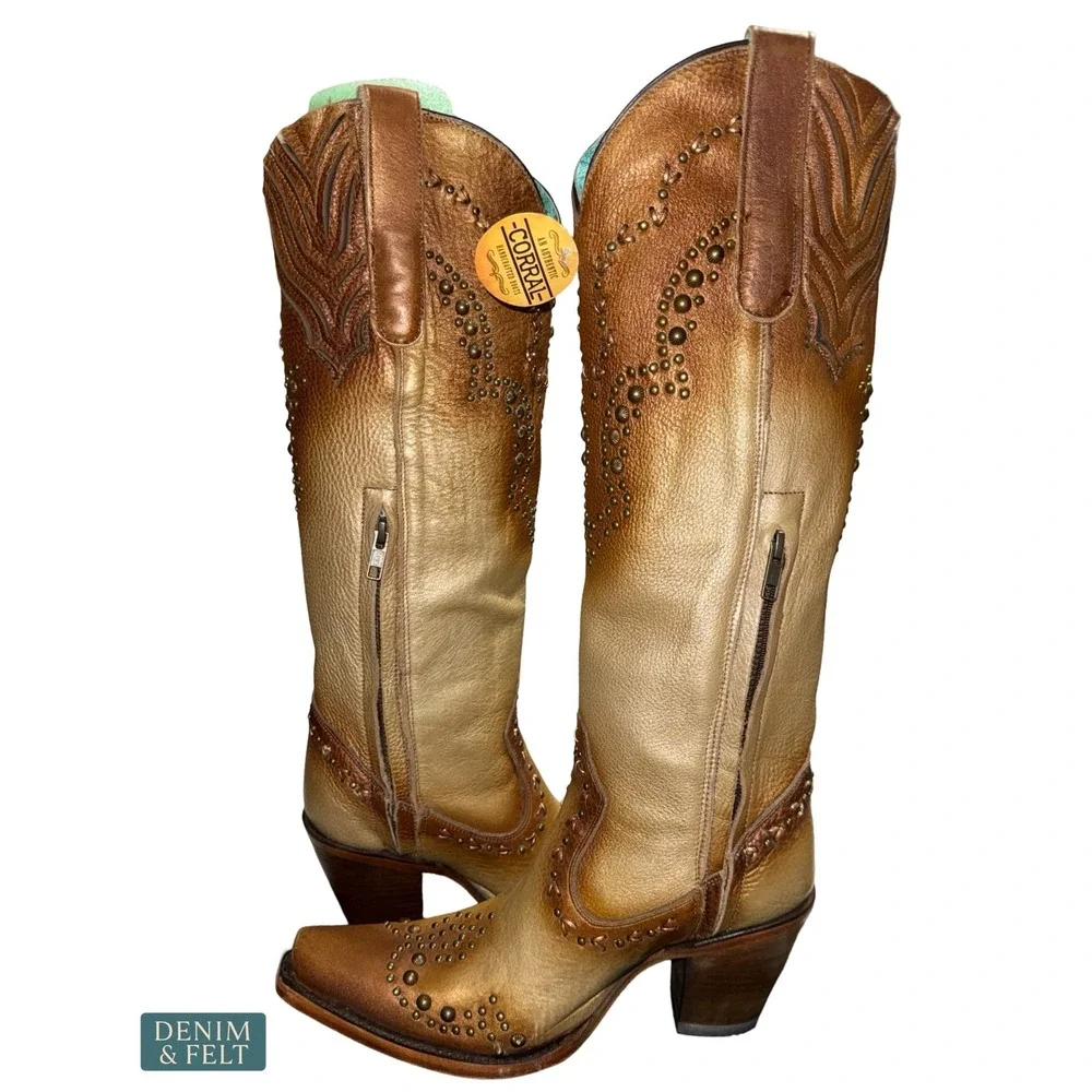 NEW Corral Metallic Bronze Studded Western Tall Cowboy‎ Boots Rodeo Glam 7.5M